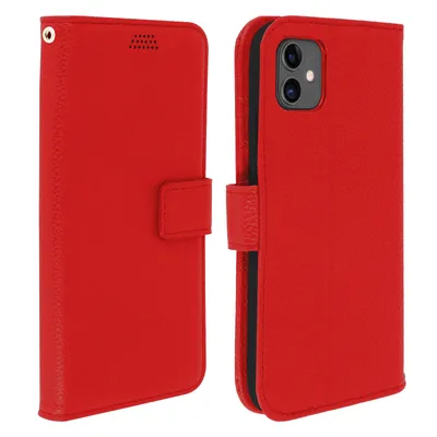 A red flip-cover phone case shown from two angles.