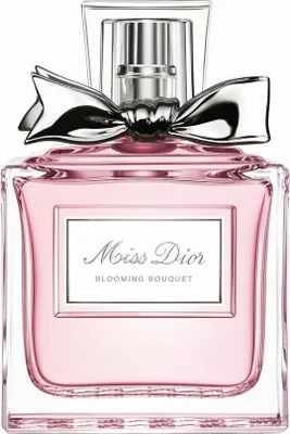 A close-up studio shot of a bottle of Miss Dior Blooming Bouquet perfume.