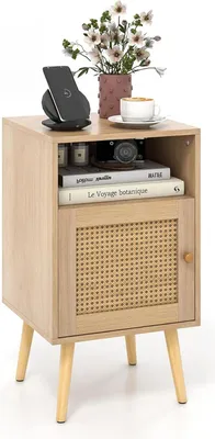 Immagine prodotto di Cassettiera con piano in rattan, tavolino con mobile ad ante e 2 ripiani aperti, mobile contenitore stabile con dispositivo antiribaltamento, colore naturale