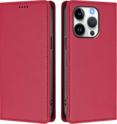 Produktbild von Handyhülle für iPhone 16 Pro, Kunstleder Klapphülle Stoßfeste Magnetische Hülle mit Ständer Rot