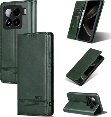 A collage of images showing a green leather flip wallet case for a smartphone, with different angles and views.
