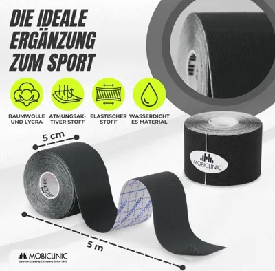 Produktbild von Mobiclinic, Kinesiotape, Mobitape, 5 cm x 5 m, Kinesiologische Therapie, Tape Sport, Muskelstraffend, Hypoallergen, Atmungsaktiv, 12 Rollen, Schwarz