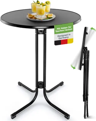A black round bar table with drinks on top and a folded version of the table shown to the side.