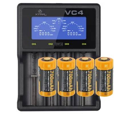 Zdjęcie produktu dla Baterie CR123 i litowo-jonowe 3,7 V, 760 mAh (4 sztuki) wraz z szybką ładowarką z wyświetlaczem LCD