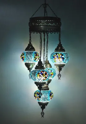 Image de Suspension turque à 5 lumières en verre mosaïque bleu – lustre oriental au design unique