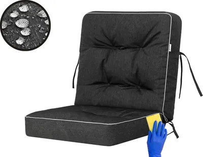 A dark gray chair cushion is shown against a white background. A small inset image in the top left corner shows water droplets on fabric, indicating water resistance. A hand wearing a blue glove is shown cleaning the bottom corner of the cushion with a yel