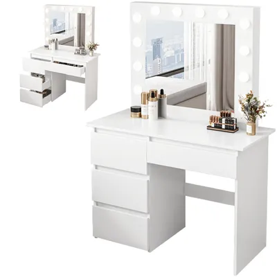 A white vanity table with a lighted mirror and makeup products on top.