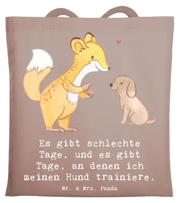Produktbild von Mr. & Mrs. Panda Tote Bag Fuchs Hundetraining - Braun Pastell - Geschenk, Hundeerziehung, Tasche, Laptoptasche, Beutel, Hundeschule, Jutebeutel, Stoffbeutel, Welpenschule