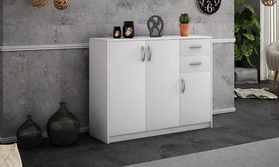 Produktbild von MATKAM Kommode 3D2S, B110 x H85 x T35 cm, Sideboard mit 2 Schubladen und 2 Fächer mit Türen, ideal für Büro, Diele, Wohnzimmer (Weiß)