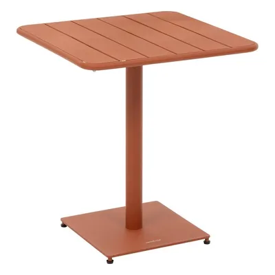 A square outdoor table with a single pedestal base and a square foot.