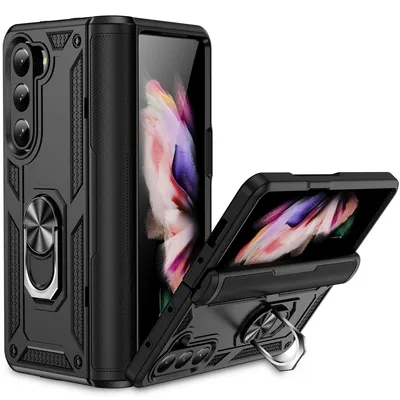 Immagine prodotto di Custodia per Samsung Galaxy Z Fold 5 a doppio strato robusta, protezione militare con supporto ad anello e supporto nero