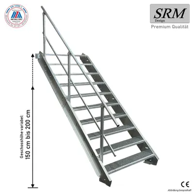 Produktbild von 10 Stufen Stahltreppe STATIK 70 cm Stufenbreite, Geschosshöhe 150 - 200 cm, 1x Geländer Rund