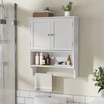 Image de Armoire de salle de bain blanche avec porte-serviettes mural, armoire de salle de bain avec 2 étagères réglables, idéale pour le linge, la cuisine, blanche, 19 cm, 70 cm, MDF