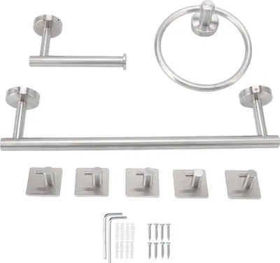 Produktbild von Badezimmer-Hardware-Set mit Handtuchringen, Handtuchstange, Toilettenpapierhalter und 5 Haken, Edelstahl 304