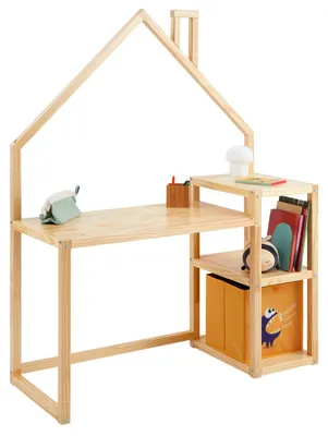 Produktbild von Kinderschreibtisch NIVIA Hausform natur mit Regal Stauraum gefertigt aus Kiefer Massiv. Stabil langlebig perfekt für Kinderzimmer. Montessori-Möbel ideal für Hausaufgaben oder Bastelarbeiten.