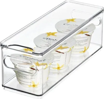 Imagen del producto de Caja para refrigerador y congelador Unyqoos®, apilable, fabricada con plástico transparente reciclado, de 10,2 x 30,5 x 10,8 cm, con tapa y asas