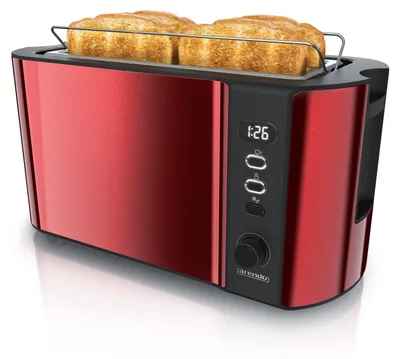 Productafbeelding van Arendo Broodrooster, 4 sleuven, lange sleuven, roestvrij staal, 1500W, display met resterende tijdsaanduiding, broodroosteraccessoire, ontdooifunctie, warmte-isolerende behuizing, rood