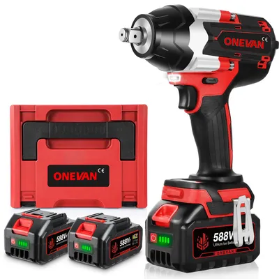 A cordless impact wrench kit with two batteries and a storage case, presented against a white background.