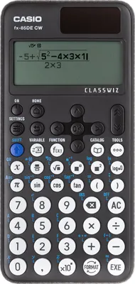A black Casio fx-85DE CW calculator with a green screen displaying a mathematical equation.