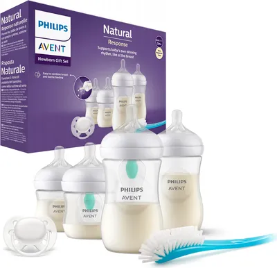 Produktbild von Philips AVENT Babyflaschen mit AirFree Ventil, Geschenkset fr Neugeborene  4 Babyflaschen, ultra soft Schnuller und Flaschenbrste, Babys von 012 Monaten und lter (Modell SCD657/11)