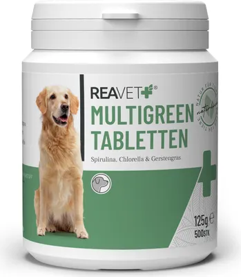 Zdjęcie produktu dla REAVET MultiGreen tabletki dla psów 500 sztuk - mikroalgi wspomagają skórę i sierść - układ odpornościowy, procesy metaboliczne i system obronny, witaminy i minerały