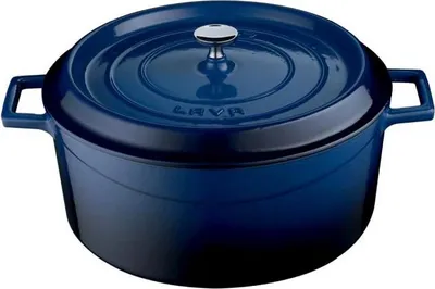 A blue cast iron casserole dish with a silver knob on the lid, shown from a slightly elevated front-left angle against a white background.