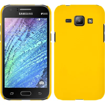 Produktbild von PhoneNatic Case kompatibel mit Samsung Galaxy J1 (2015 - J100) - Hülle gelb gummiert Hard-case + 2 Schutzfolien