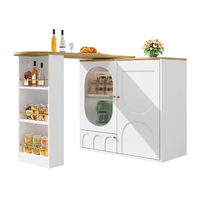 Produktbild von Bartisch mit Stauraum 360° Drehbarer Stehtisch Kücheninsel Hochtisch Küchentisch 138 x 39 x 102 cm Weiß