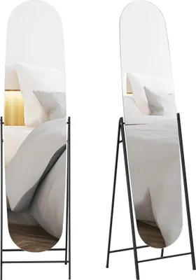 Obrázek produktu pro Celoplošné zrcadlo - Zakřivené stojací zrcadlo - Bez rámu - Kovový stojan - Volně stojící nebo opřené - 160 × 40 cm - Černá barva