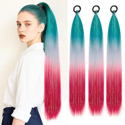 Immagine prodotto di Trefesse sintetiche per capelli, set da 3 pezzi, lunghezza 60 cm, lisce, verde/argento, grigio/rosso