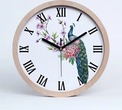 Produktbild von Holzuhr 20fi cm wanduhr - schwarze Spitzen - Pfau und Blumen