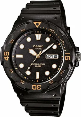 A black Casio watch with gold accents on a white background.