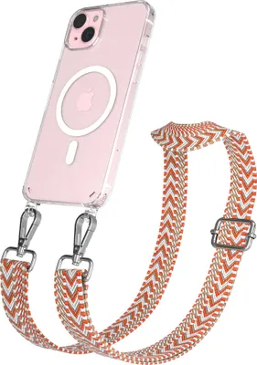 Produktbild von EAZY CASE - Handykette mit MagSafe Hülle für Apple iPhone 15 Plus, Handyband ZigZag Style,Karabiner Silber, Umhängeband in Beige