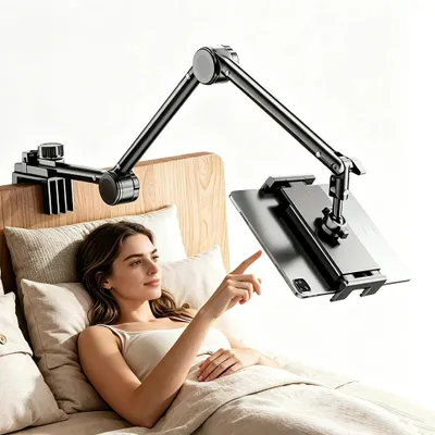 Produktbild von Tablet & Handy Halterung Mehrfach verstellbarer Schwenkarm aus Kohlenstoffstahl,Höhenverstellbar werkzeuglose Montage, ideal für Bett & Schreibtisch