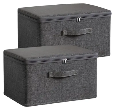 Image de Lot de 2 boîtes de rangement en tissu avec couvercle, boîtes de rangement pliables avec couvercle, fermeture à glissière et poignée, boîte de rangement grise, petite boîte de rangement pour