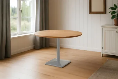 Produktbild von Refurbished Möbelretoure Bistrotisch rund mit Schweizer Kante Akazienholz natur massiv 120 cm Säulengestell silber BRASILIA