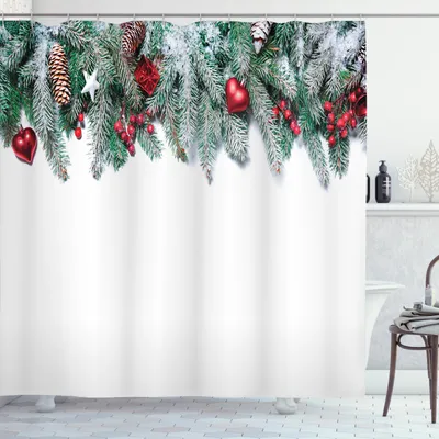 Produktbild von ABAKUHAUS Weihnachten Duschvorhang, Sterne Beeren Weihnachten, Wasser Blickdicht inkl.12 Ringe Langhaltig Bakterie und Schimmel Resistent, 175 x 220 cm, Grün-Roten