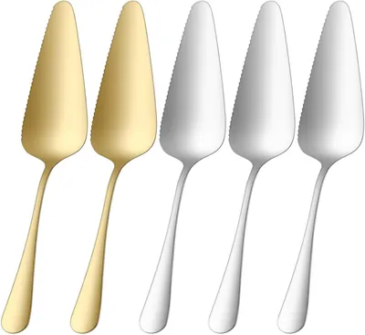 Produktbild von 5 Stück Tortenschaufel Kuchenheber, Tortenheber aus Edelstahl mit gezackten Kanten Vielseitiger Tortenheber 3 Silber + 2 Gold Gezackte Torten