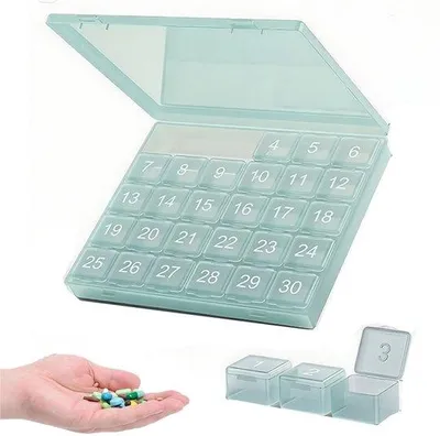 Produktbild von Tablettenbox 30 Tage - Pillendose Monatsbox - mit herausnehmbaren Fächern - Große Pillenbox für Reisen, Vitamine und Tabletten - Schattencyan