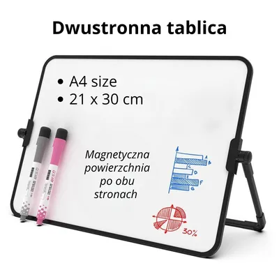 Zdjęcie produktu dla Dwustronna tablica magnetyczna A4 ze stojakiem – 360° obrotowa, suchościeralna – Biurkowa tablica do biura, szkoły, prezentacji i domu