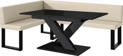 Produktbild von MEBLINI Eckbank für Esszimmer mit ausziehbarem Tisch  - Küchenbank - Essecke - Sitzecke Küche - TONI - U-Beine 142x196x87cm Links - Creme Kunstleder/B Schwarz Hochgl.
