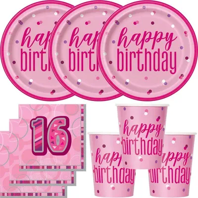 Produktbild von 16. Geburtstag Partyset Einweggeschirr rosa pink 32 tlg.