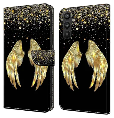 A product image showing a phone case with a gold wing design.