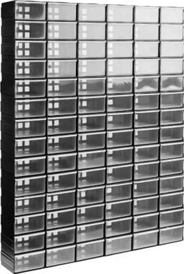 A wall of small, clear plastic drawers, stacked in a grid.