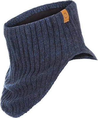 A dark blue knitted neck warmer with a small brown leather tag on the side.