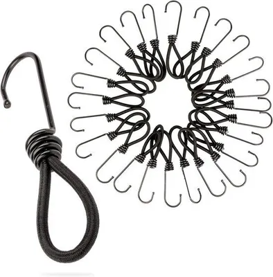 Produktbild von Famanu Set von 25 schwarzen Spannbändern mit Haken - Universelle Bungee-Kordeln für Camping, Gepäck und Abspannung
