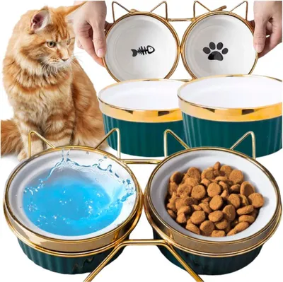 Image de lot de 2 écuelles doubles de 300 ml pour chat et chien sur support, céramique, oreilles dorées, PetJet