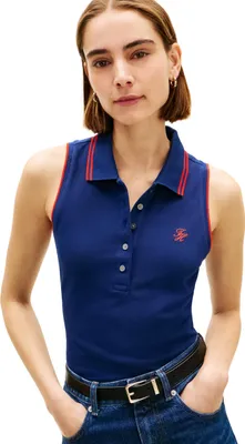 Produktbild von Tommy Hilfiger Damen Poloshirt Kurzarm Swimshop Baumwolle Ärmellos, Blau (Preppy Na