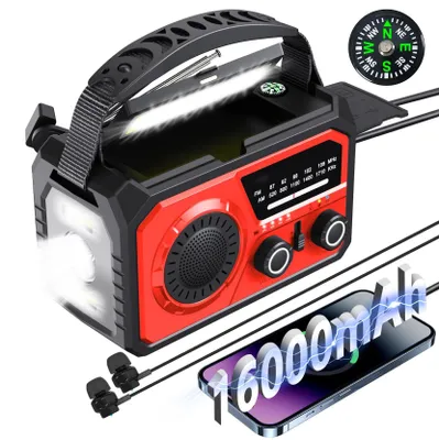 Productafbeelding van 16000 mAh zonne-radio, AM/FM zwengelradio, draagbaar, USB-noodradio