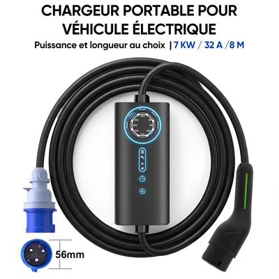 Image de Chargeur mural Junsun Mobile pour véhicules électriques, 7 kW, type 2, câble de recharge de 8 m, prise CEE 32 A, monophasé, pour voitures électriques
